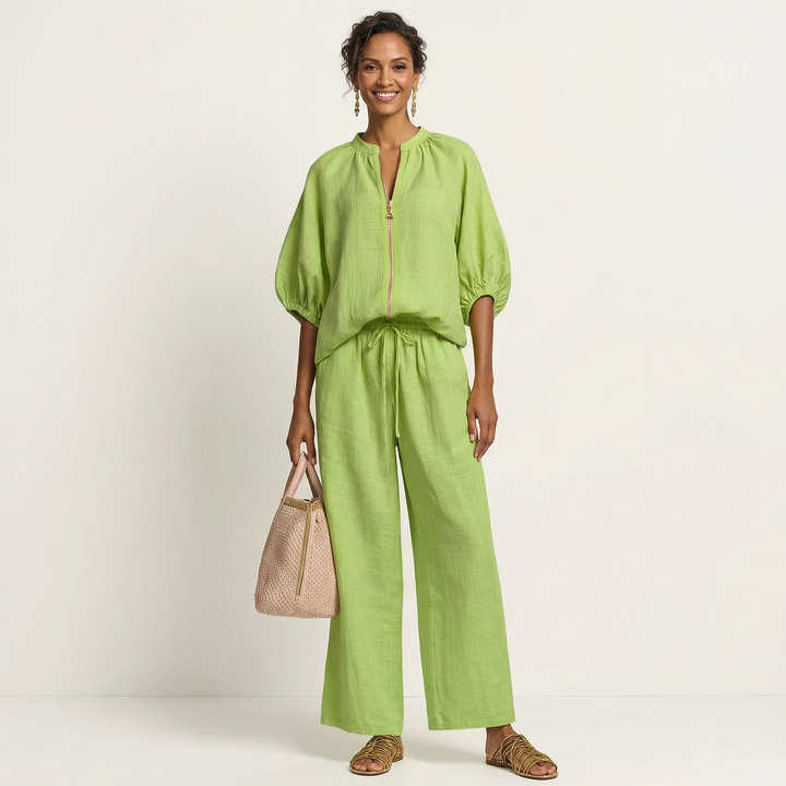 Marlowe | Puff-Sleeve Top and Golden Zipper Skirt Set
