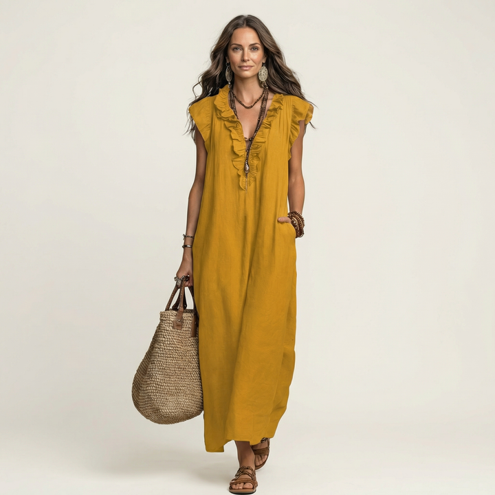 Josette | Ruffled V-neck Linen Maxi Dress