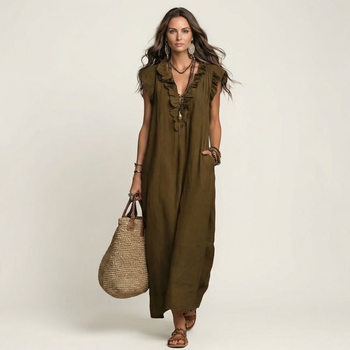 Josette | Ruffled V-neck Linen Maxi Dress