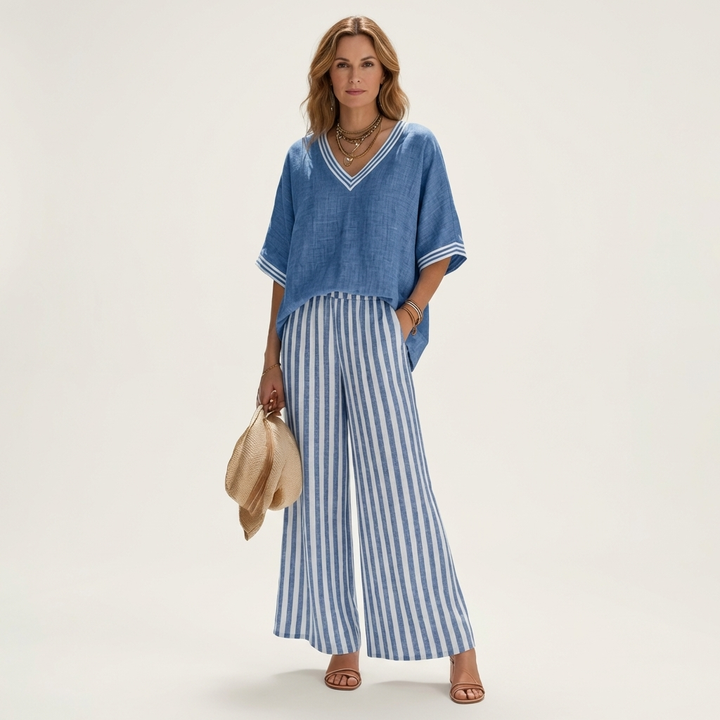 Juliana | Varsity V-Neck Top and Striped Wide-Leg Pants Set