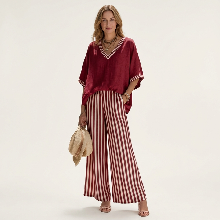 Juliana | Varsity V-Neck Top and Striped Wide-Leg Pants Set
