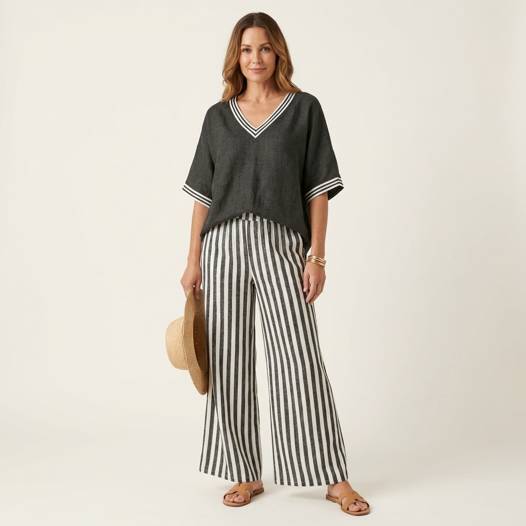 Juliana | Varsity V-Neck Top and Striped Wide-Leg Pants Set