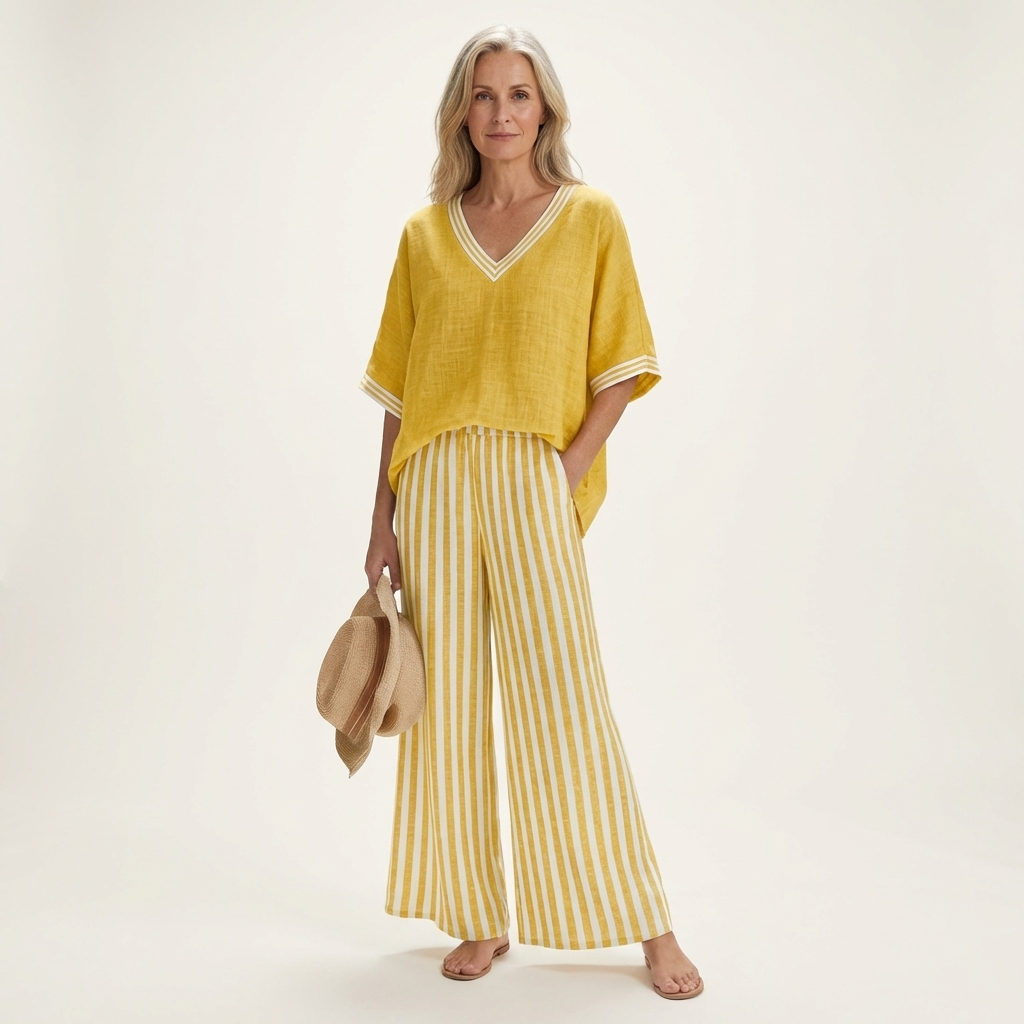 Juliana | Varsity V-Neck Top and Striped Wide-Leg Pants Set