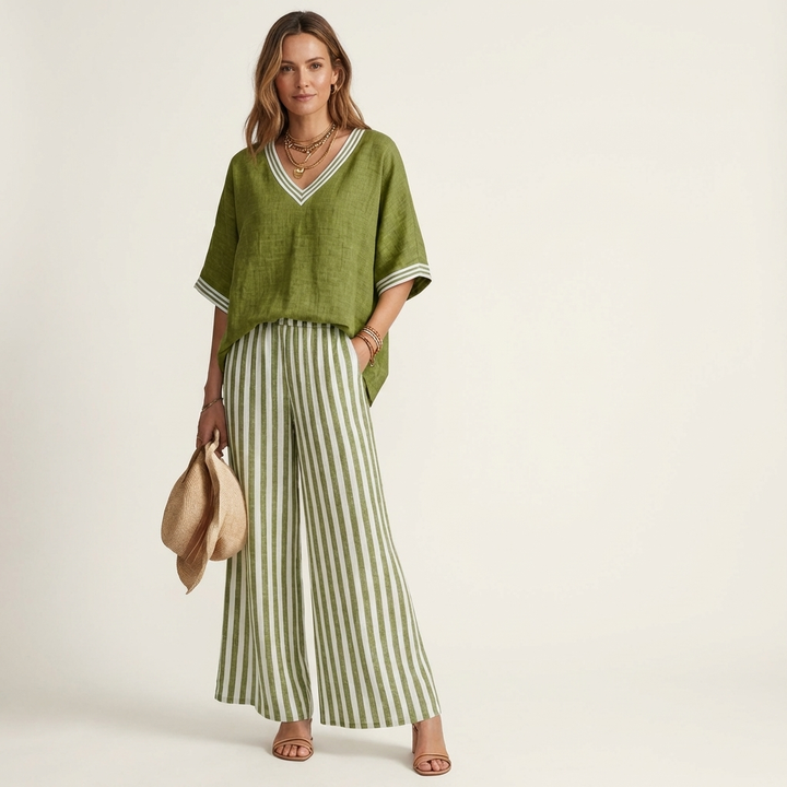 Juliana | Varsity V-Neck Top and Striped Wide-Leg Pants Set