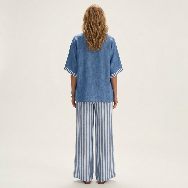 Juliana | Varsity V-Neck Top and Striped Wide-Leg Pants Set
