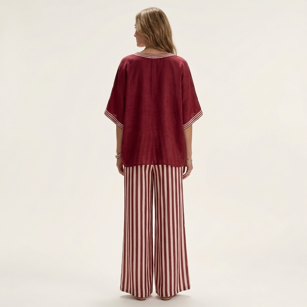 Juliana | Varsity V-Neck Top and Striped Wide-Leg Pants Set