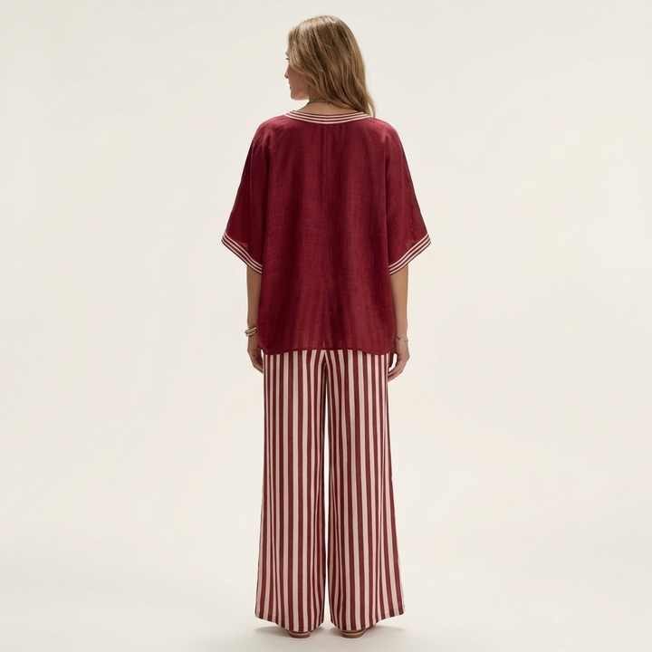 Juliana | Varsity V-Neck Top and Striped Wide-Leg Pants Set