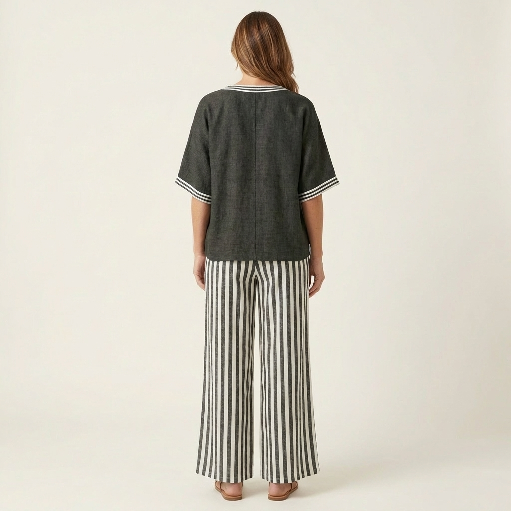 Juliana | Varsity V-Neck Top and Striped Wide-Leg Pants Set