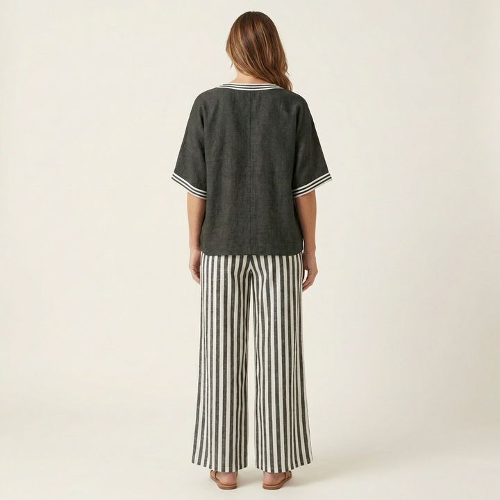 Juliana | Varsity V-Neck Top and Striped Wide-Leg Pants Set