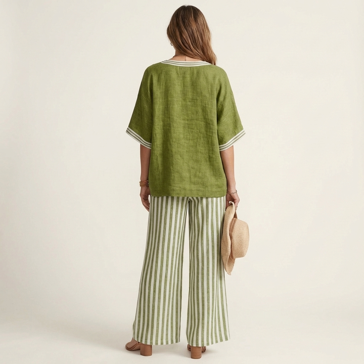 Juliana | Varsity V-Neck Top and Striped Wide-Leg Pants Set
