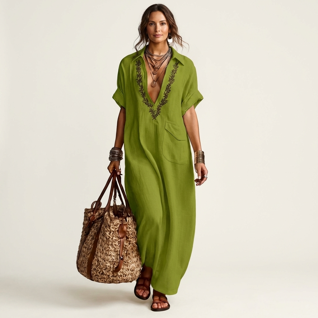 Amariana | Botanical Motif Embroidered V-Neck Linen Maxi Robe