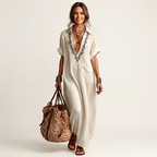 Amariana | Botanical Embroidered V-Neck Linen Maxi Dress