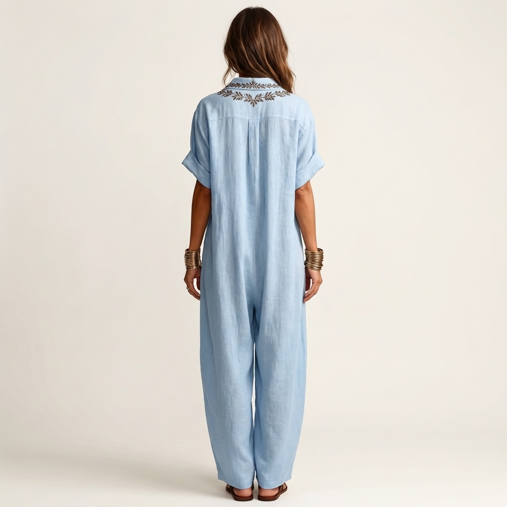 Amariana | Botanical Motif Embroidered V-Neck Linen Maxi Robe