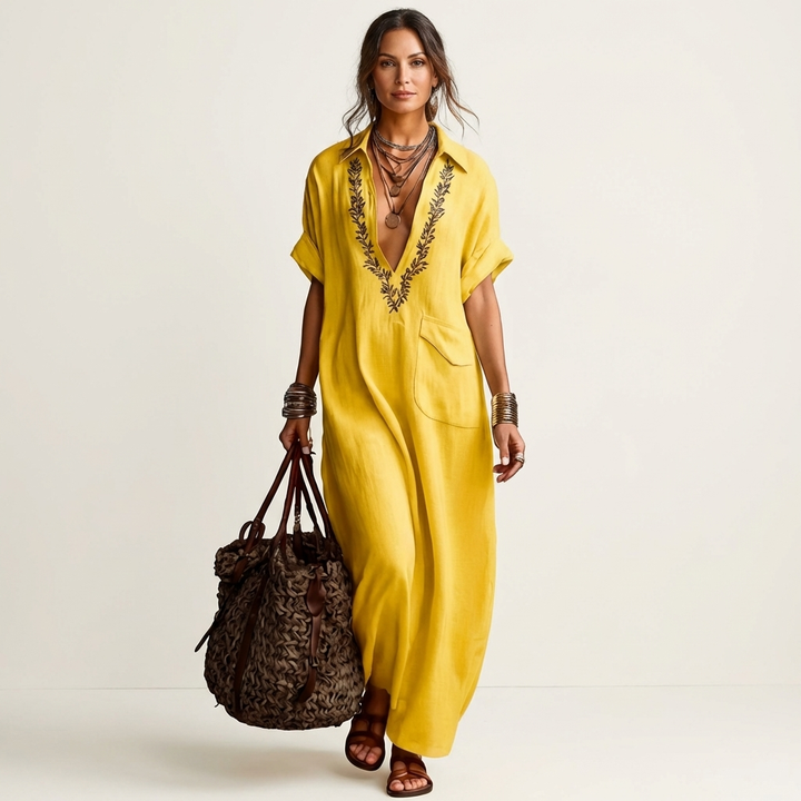 Amariana | Botanical Motif Embroidered V-Neck Linen Maxi Robe