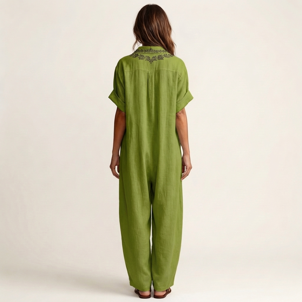Amariana | Botanical Motif Embroidered V-Neck Linen Maxi Robe