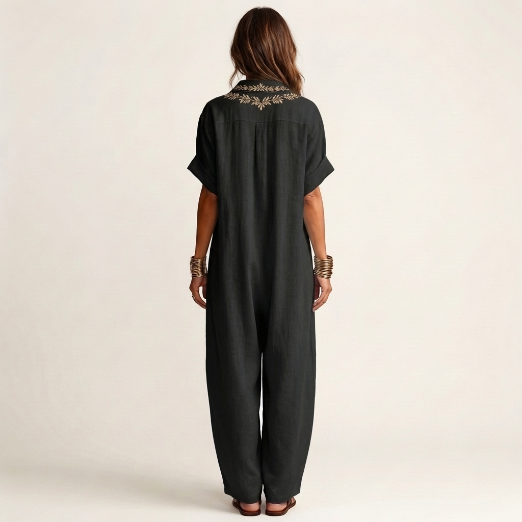 Amariana | Botanical Motif Embroidered V-Neck Linen Maxi Robe