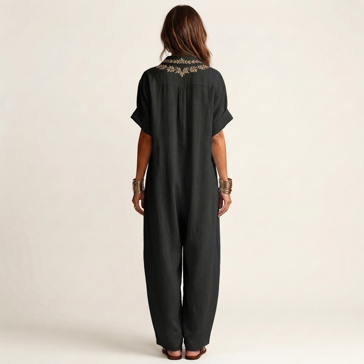 Amariana | Botanical Motif Embroidered V-Neck Linen Maxi Robe
