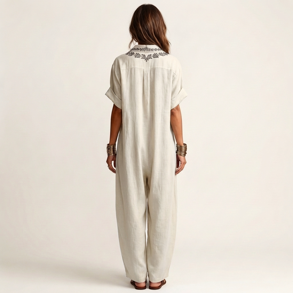 Amariana | Botanical Motif Embroidered V-Neck Linen Maxi Robe