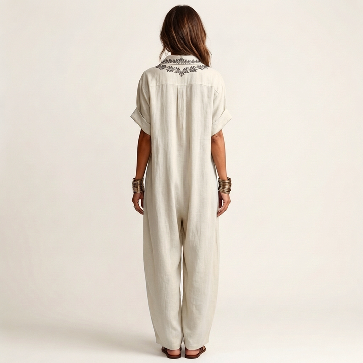 Amariana | Botanical Motif Embroidered V-Neck Linen Maxi Robe