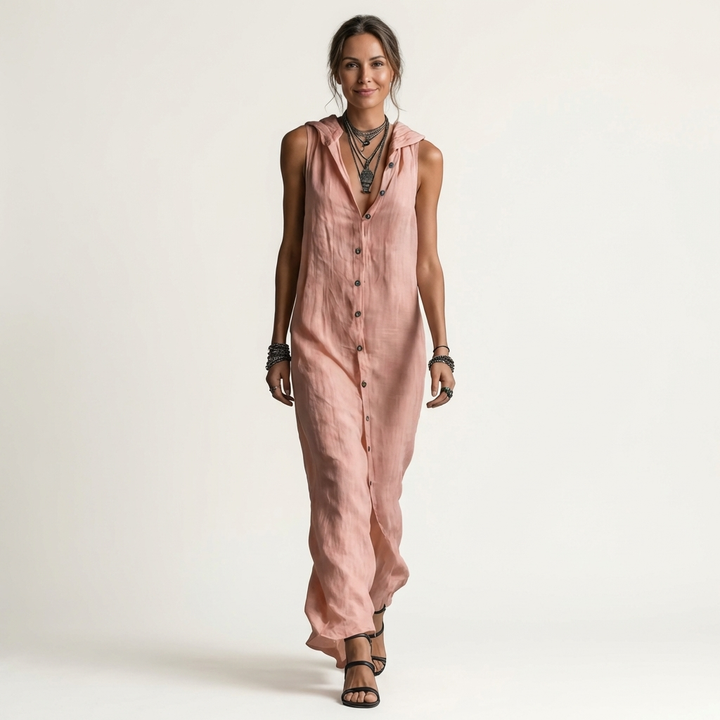 Mirabell | Sleeveless Hooded Linen Button-Down Maxi Dress
