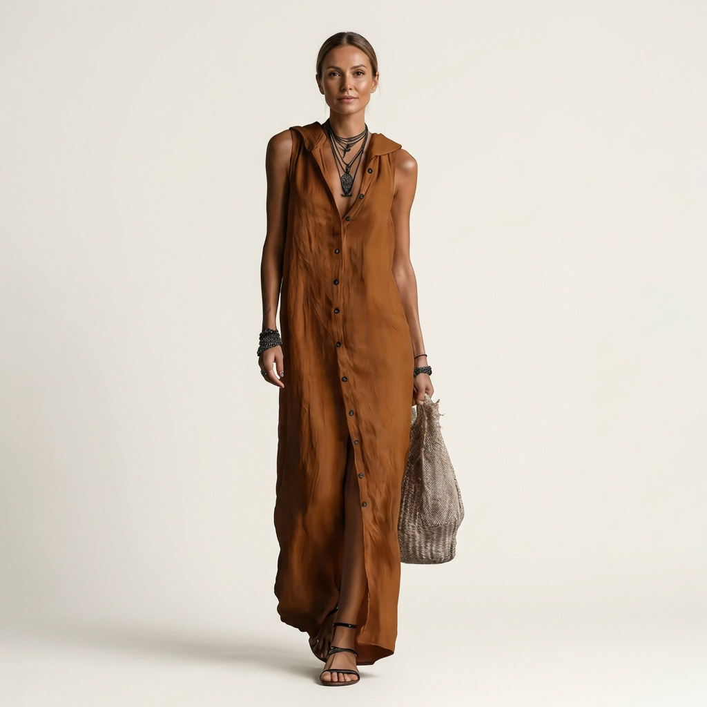 Mirabell | Sleeveless Hooded Linen Button-Down Maxi Dress