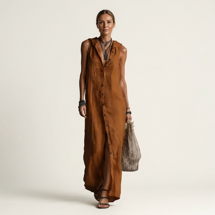 Mirabell | Sleeveless Hooded Linen Button-Down Maxi Dress