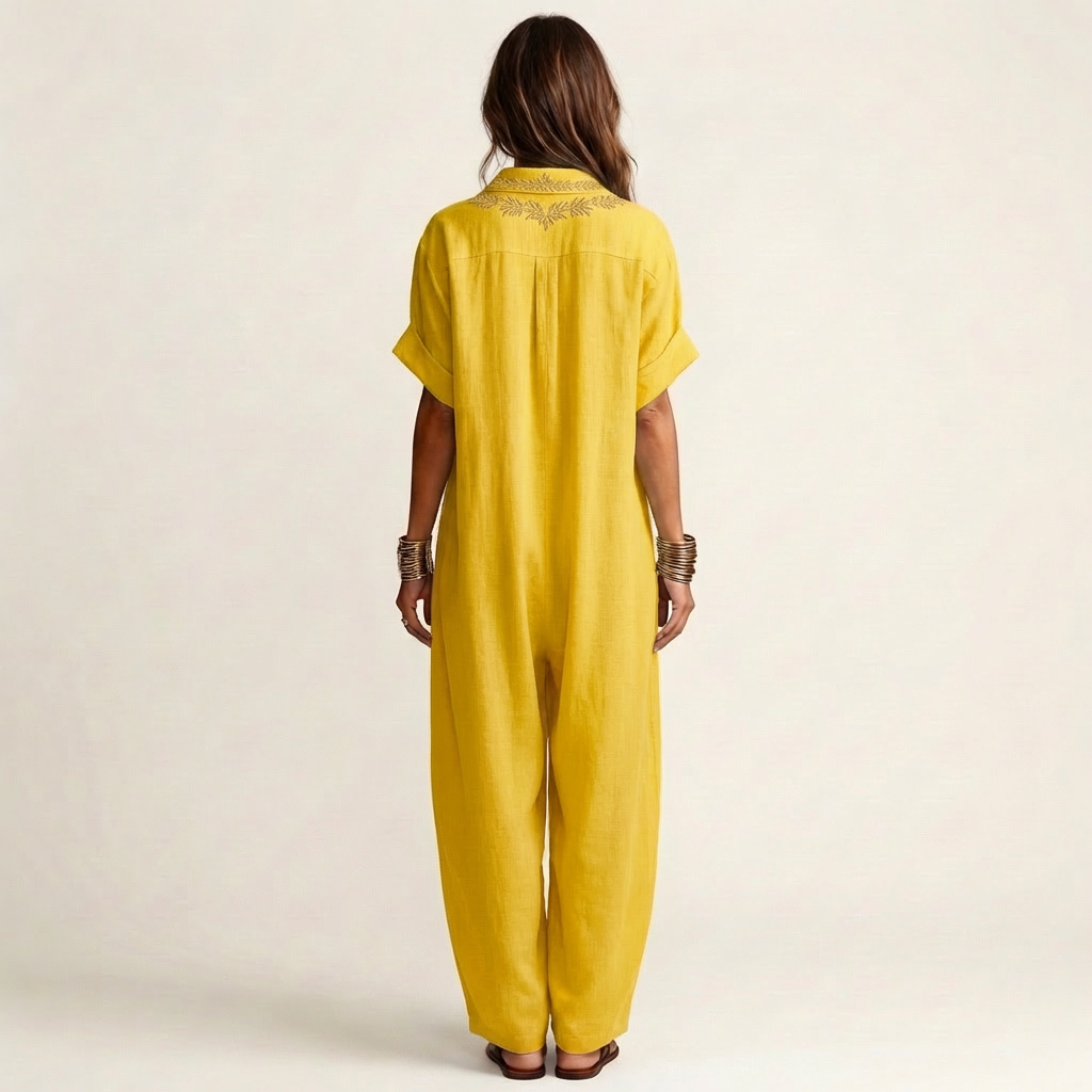 Amariana | Botanical Motif Embroidered V-Neck Linen Maxi Robe