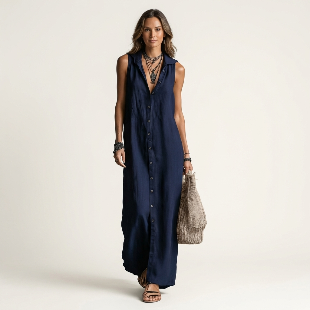 Mirabell | Sleeveless Hooded Linen Button-Down Maxi Dress