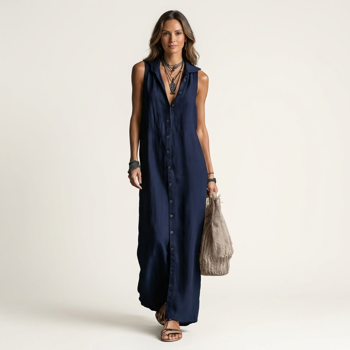 Mirabell | Sleeveless Hooded Linen Button-Down Maxi Dress