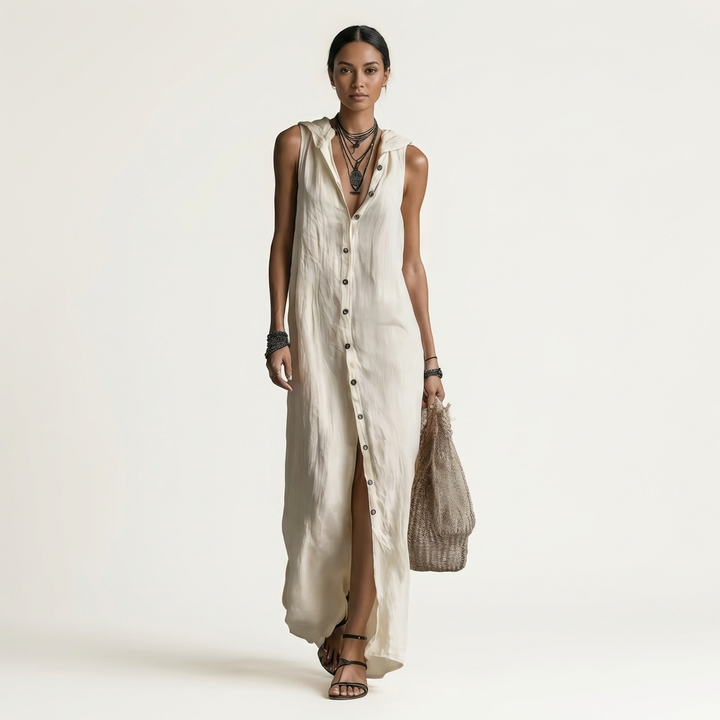 Mirabell | Sleeveless Hooded Linen Button-Down Maxi Dress