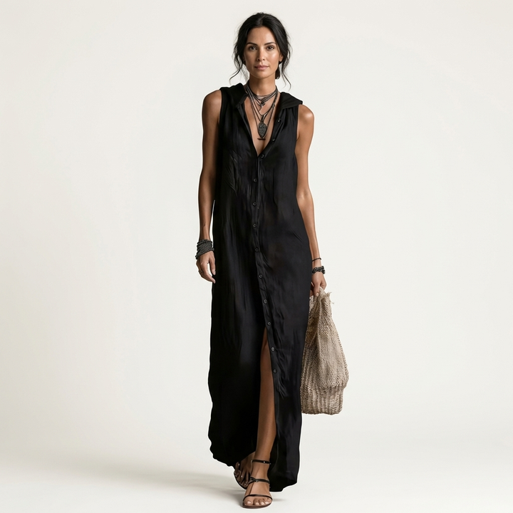 Mirabell | Sleeveless Hooded Linen Button-Down Maxi Dress