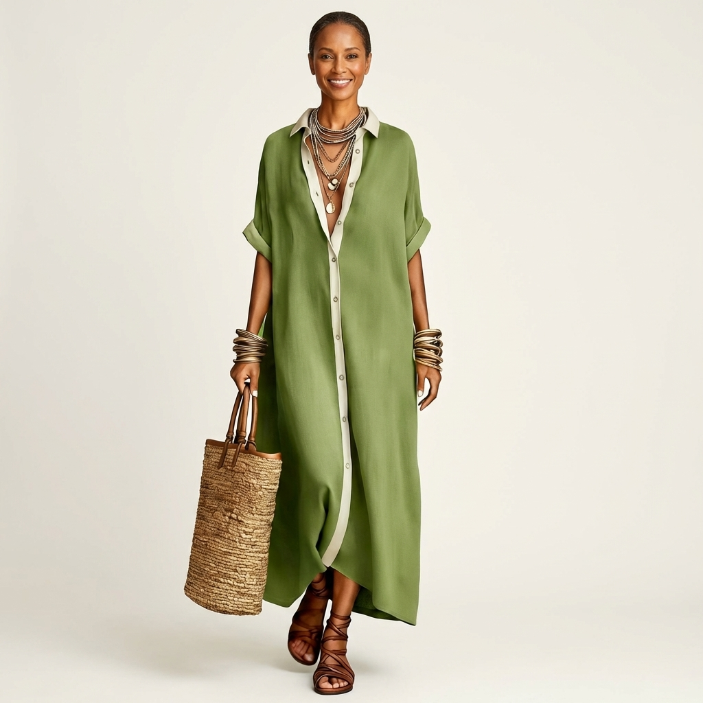 Kamira | Contrast Collar Short Sleeve Maxi Shirt Dress