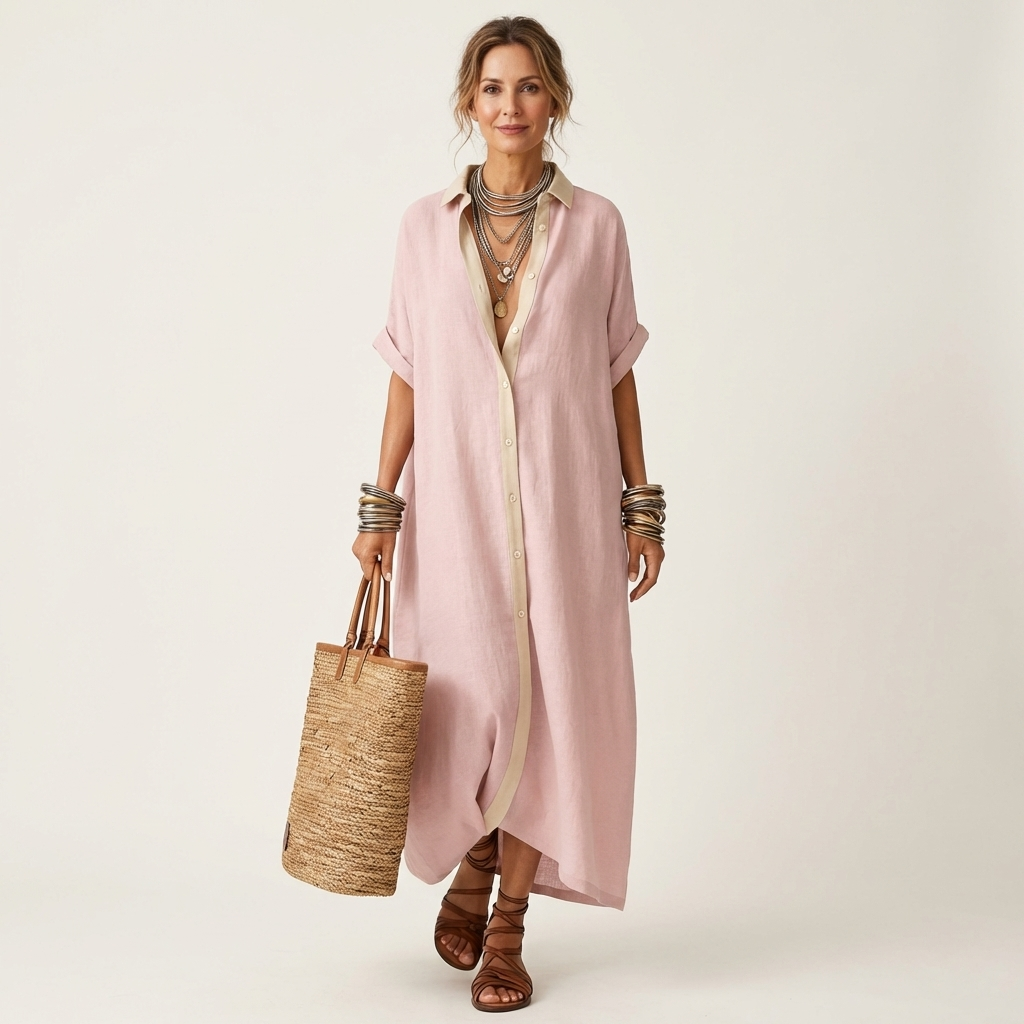 Kamira | Contrast Collar Short Sleeve Maxi Shirt Dress
