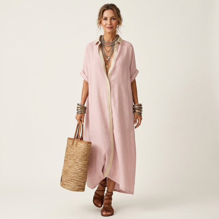 Kamira | Contrast Collar Short Sleeve Maxi Shirt Dress