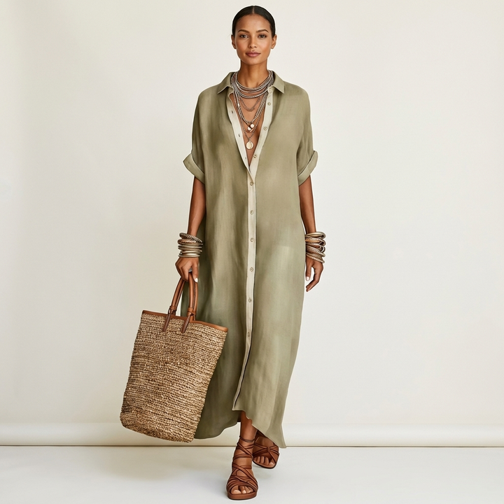 Kamira | Contrast Collar Short Sleeve Maxi Shirt Dress