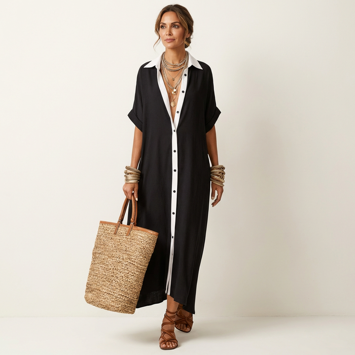 Kamira | Contrast Collar Short Sleeve Maxi Shirt Dress