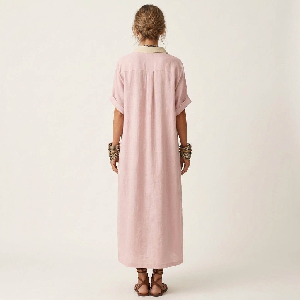 Kamira | Contrast Collar Short Sleeve Maxi Shirt Dress