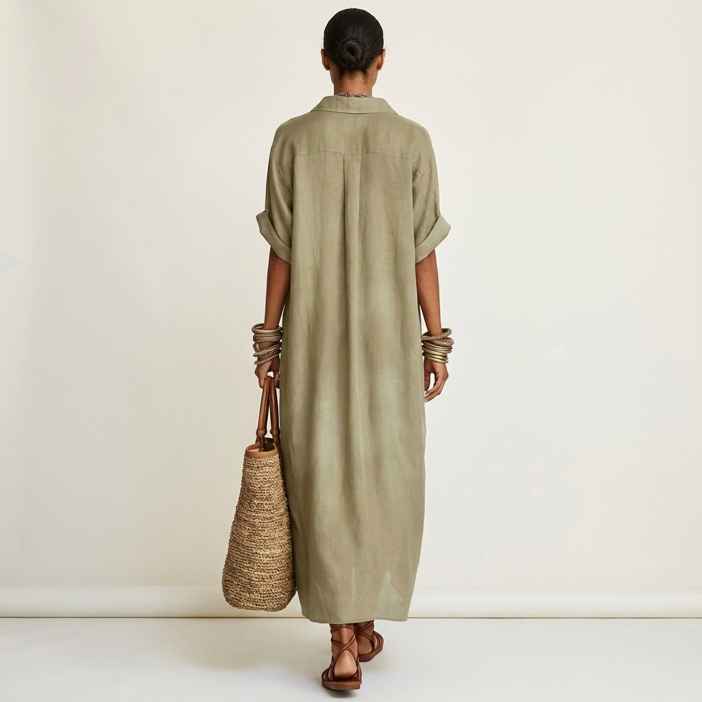 Kamira | Contrast Collar Short Sleeve Maxi Shirt Dress