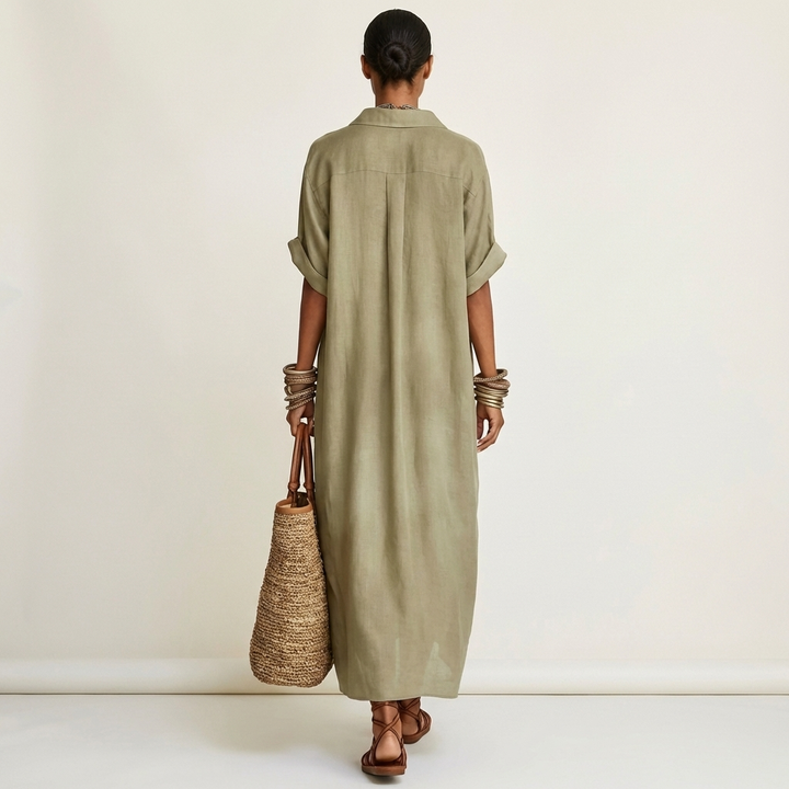 Kamira | Contrast Collar Short Sleeve Maxi Shirt Dress