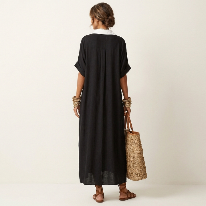 Kamira | Contrast Collar Short Sleeve Maxi Shirt Dress