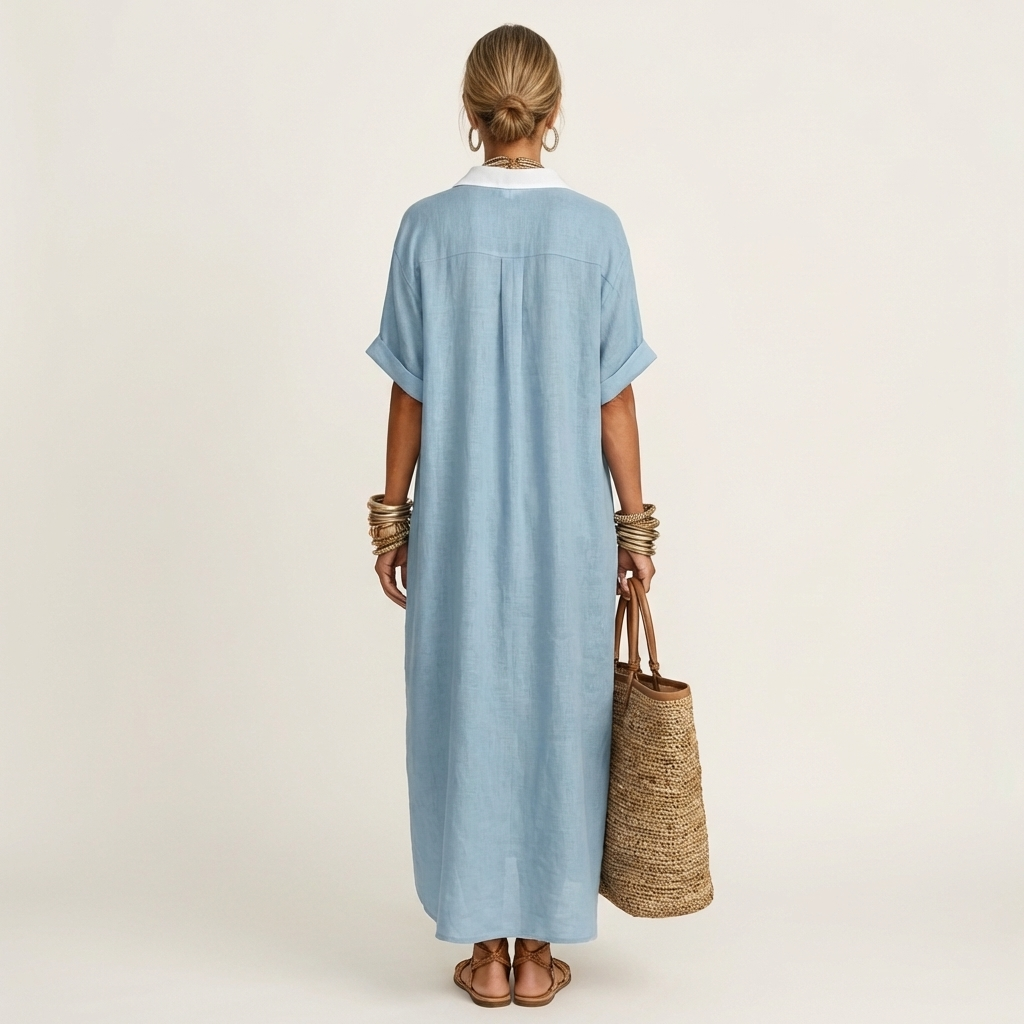 Kamira | Contrast Collar Short Sleeve Maxi Shirt Dress