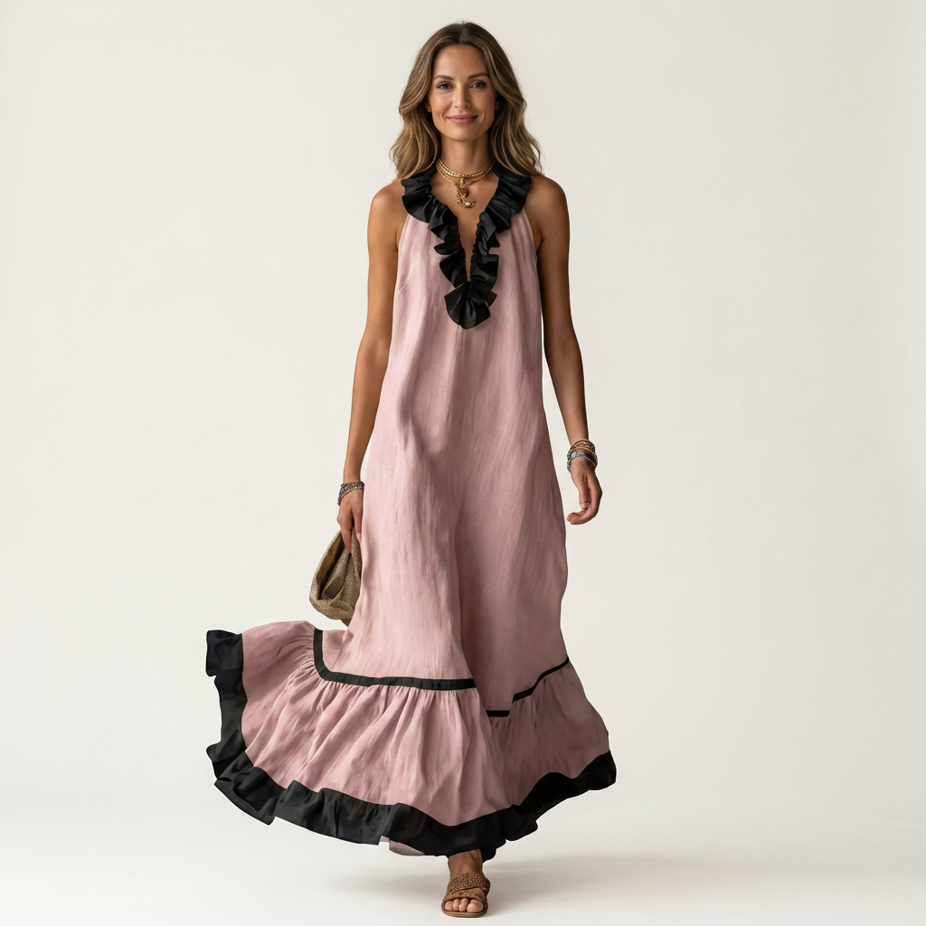 Mayline | Sleeveless Ruffle Collar Contrast Trim Maxi Dress