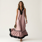 Mayline | Ruffle-Neck Contrast-Trim Sleeveless Maxi Dress