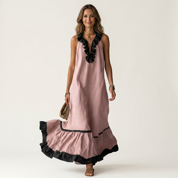 Mayline | Sleeveless Ruffle Collar Contrast Trim Maxi Dress