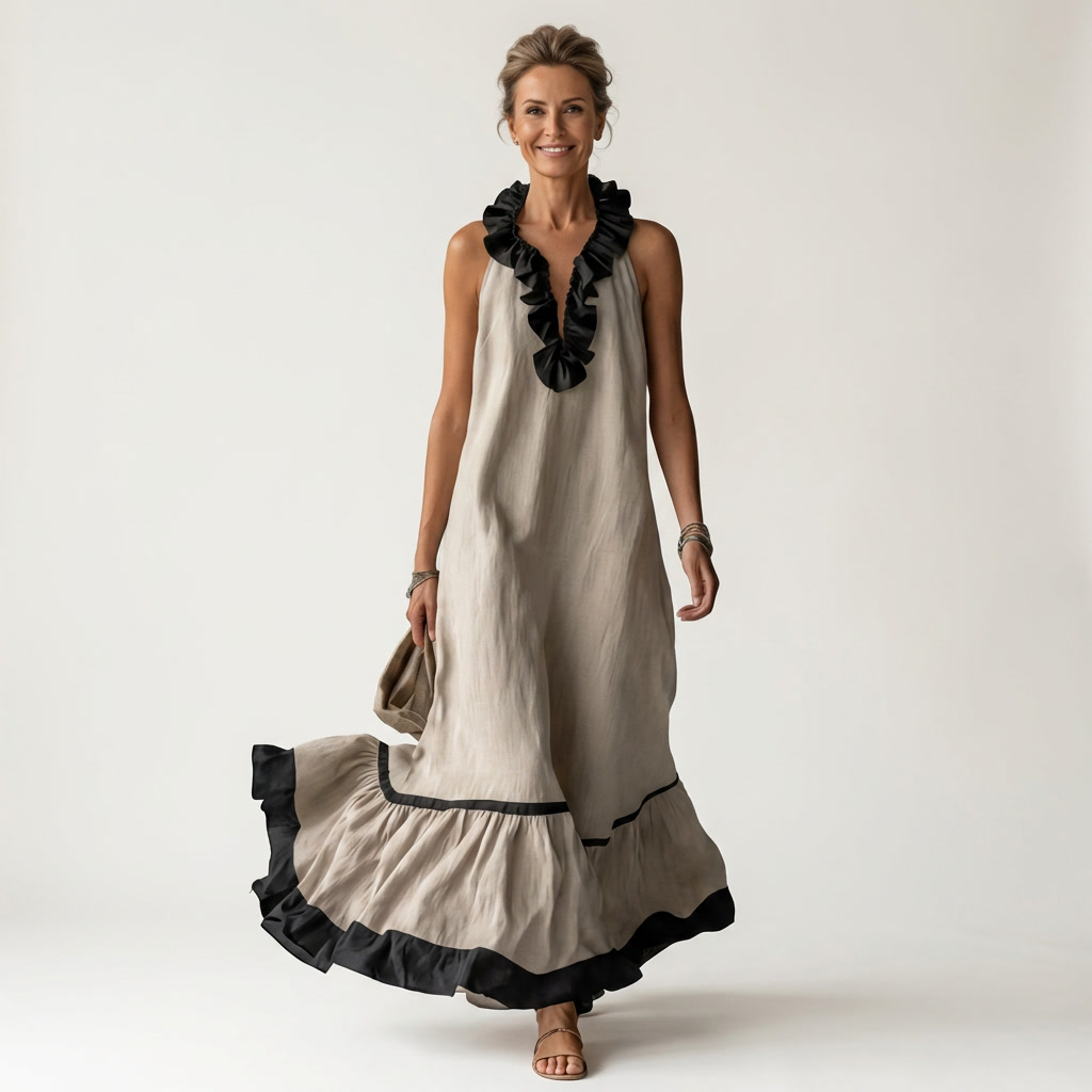 Mayline | Sleeveless Ruffle Collar Contrast Trim Maxi Dress