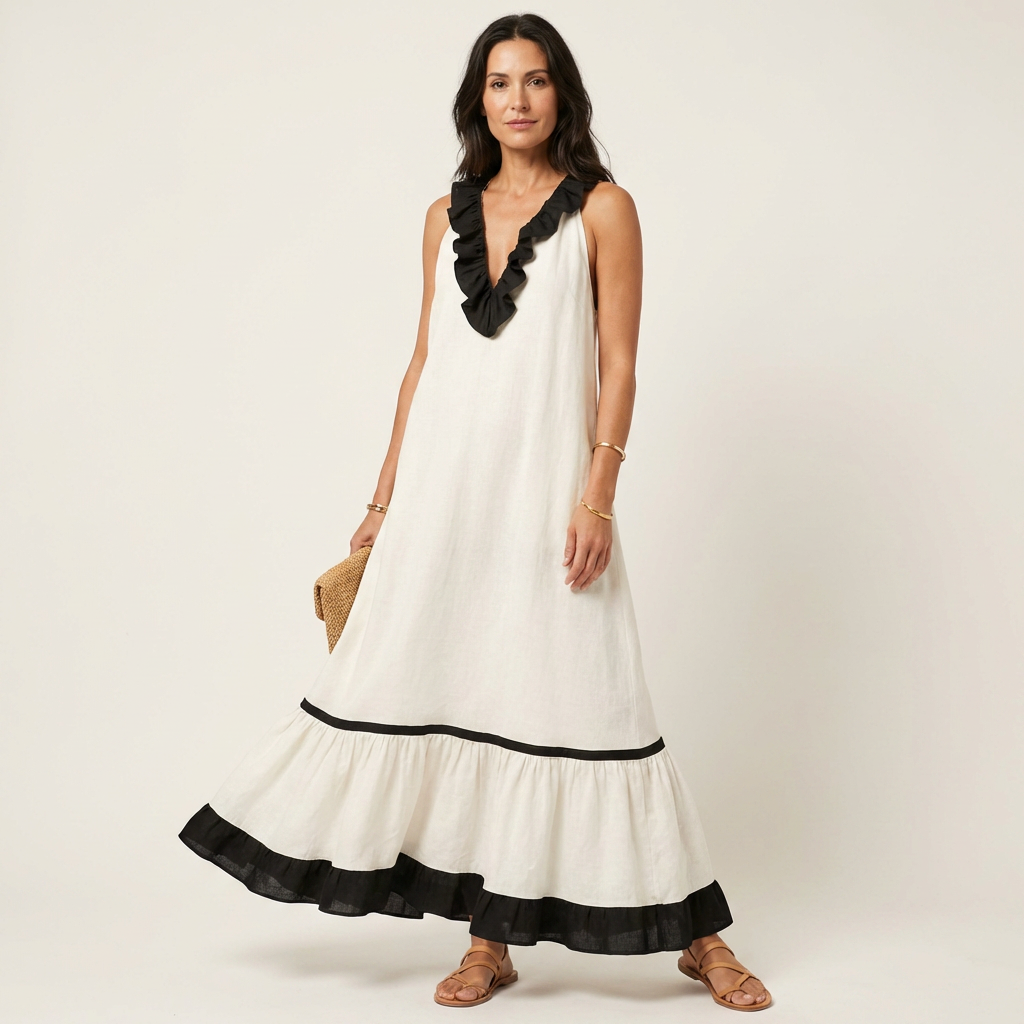 Mayline | Sleeveless Ruffle Collar Contrast Trim Maxi Dress