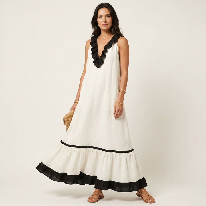 Mayline | Sleeveless Ruffle Collar Contrast Trim Maxi Dress