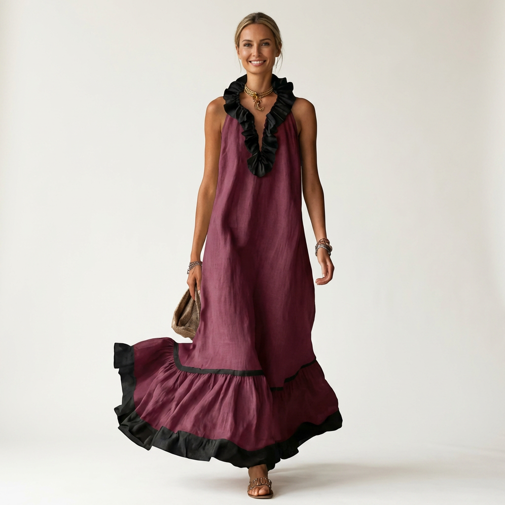 Mayline | Sleeveless Ruffle Collar Contrast Trim Maxi Dress