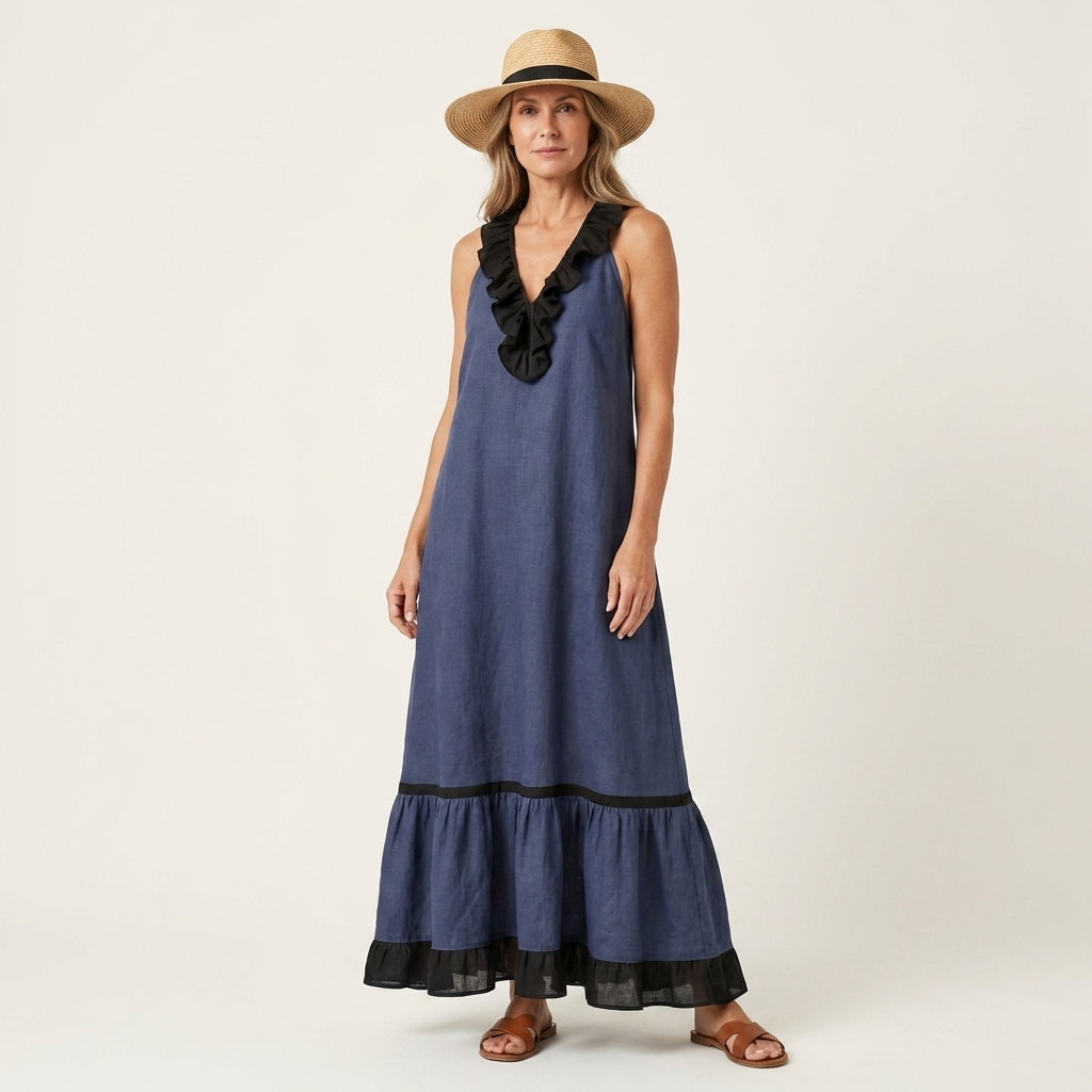 Mayline | Sleeveless Ruffle Collar Contrast Trim Maxi Dress