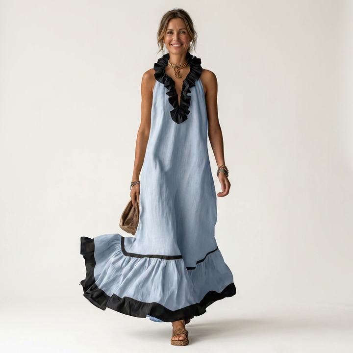Mayline | Sleeveless Ruffle Collar Contrast Trim Maxi Dress